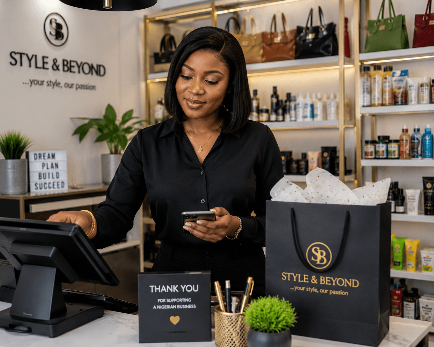 A Nigerian shop owner attending to her store